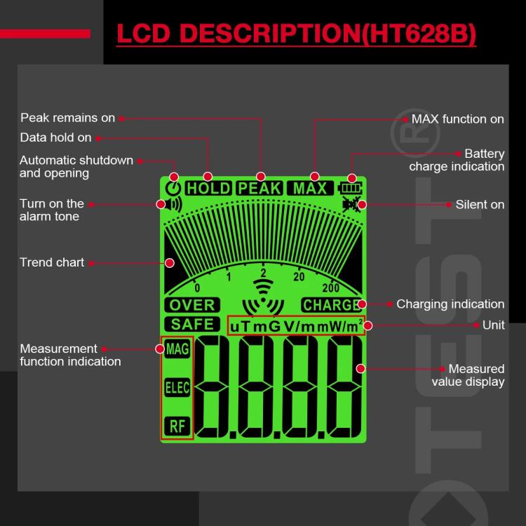 HABOTEST HT628B マルチフィールドEMFメーター 充電式電磁波測定器、HT628B
