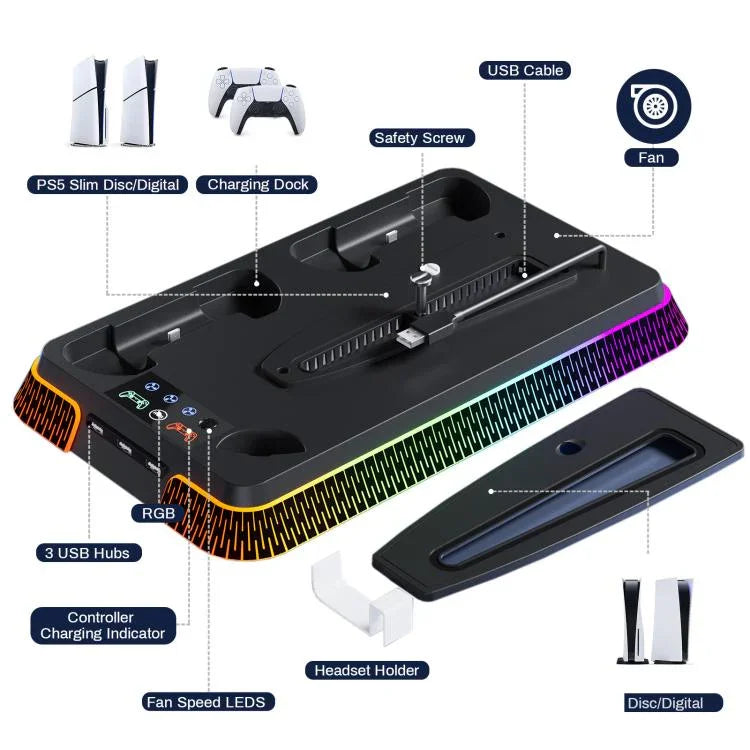For PS5 Pro / PS5 Slim / PS5 Multifunctional Cooling Base With Dual Handle Charging Dock, YH66S Piano Style With Colorful Light White, YH66S Piano Style With Colorful Light Black, YH66 White, YH66 Black White, YH66 Black