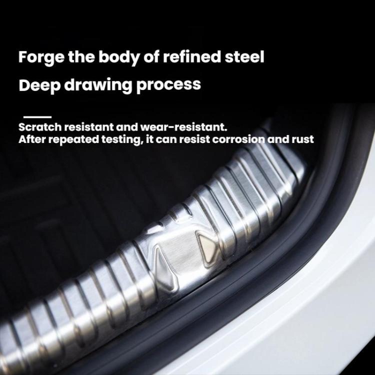 For Tesla 2024+ Model 3 Highland Stainless Steel Trunk Sill Guard, Carbon Fiber Texture, Black Brushed Finish, Silver