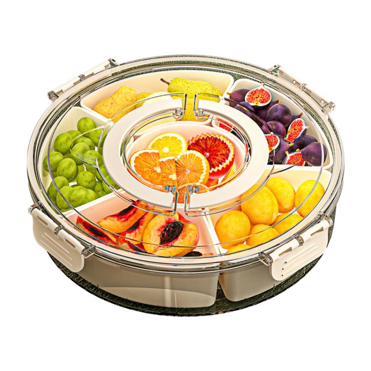 360度回転6区画スナックトレイ ハンドル＆密閉蓋付き 丸型携帯用食品保存容器 フルーツ、ナッツ、キャンディ用、6区画