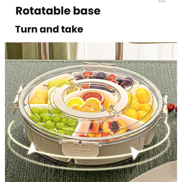 360度回転6区画スナックトレイ ハンドル＆密閉蓋付き 丸型携帯用食品保存容器 フルーツ、ナッツ、キャンディ用、6区画