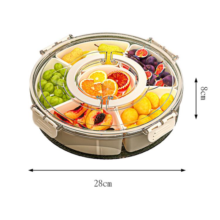 360度回転6区画スナックトレイ ハンドル＆密閉蓋付き 丸型携帯用食品保存容器 フルーツ、ナッツ、キャンディ用、6区画