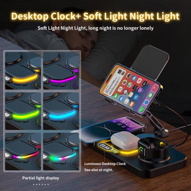 4-in-1 高速ワイヤレス充電ステーション 電話・タブレット・Apple Watch・AirPods対応 マグネティック折りたたみスタンド 時計表示＆クールライト効果付き