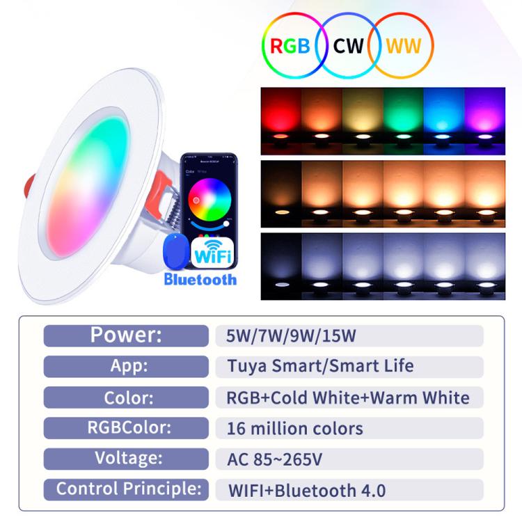 Tuya WIFI＆Bluetooth対応埋込型天井ライト RGB+CW+WW調光可能LEDダウンライト、5W 2.5インチ、7W 3.5インチ、10W 4インチ