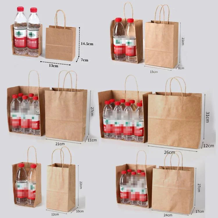 クラフト紙テイクアウトバッグ、サイズ：13x7x14.5cm、1パック50袋入り、15x8x21cm ナチュラル、21x11x27cm ナチュラル、15x8x21cm ホワイト、21x11x27cm ホワイト、21x14x27cm ホワイト、26x12x31cm ホワイト、32x11x27cm ホワイト