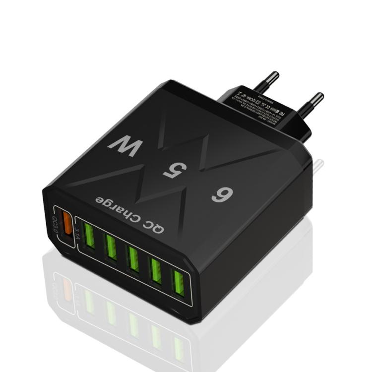 65W 6USBポート QC3.0 急速充電 携帯電話充電器、EUプラグ（ブラック）、EUプラグ（ホワイト）、USプラグ（ブラック）、USプラグ（ホワイト）、UKプラグ（ブラック）、UKプラグ（ホワイト）