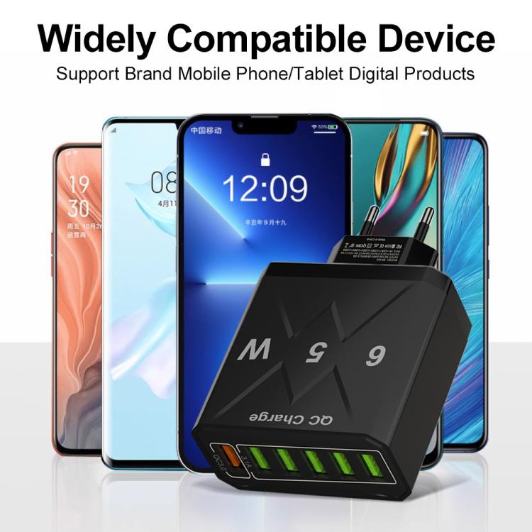 65W 6USBポート QC3.0 急速充電 携帯電話充電器、EUプラグ（ブラック）、EUプラグ（ホワイト）、USプラグ（ブラック）、USプラグ（ホワイト）、UKプラグ（ブラック）、UKプラグ（ホワイト）