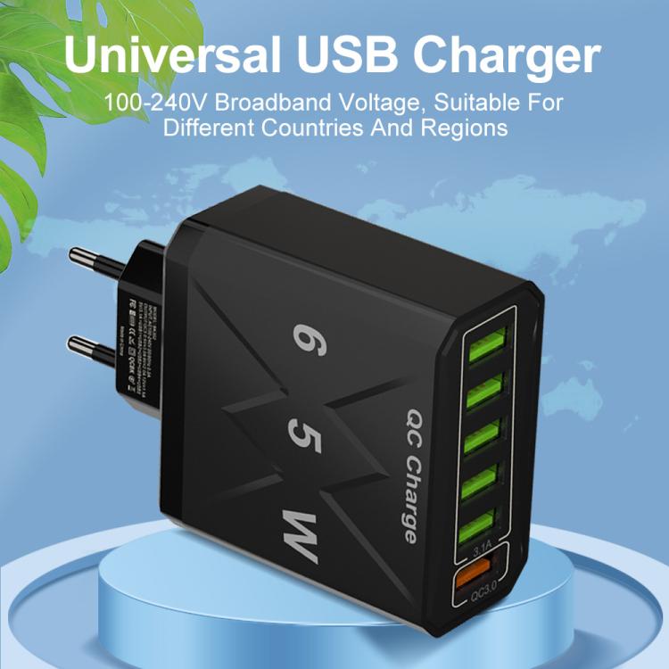 65W 6USBポート QC3.0 急速充電 携帯電話充電器、EUプラグ（ブラック）、EUプラグ（ホワイト）、USプラグ（ブラック）、USプラグ（ホワイト）、UKプラグ（ブラック）、UKプラグ（ホワイト）