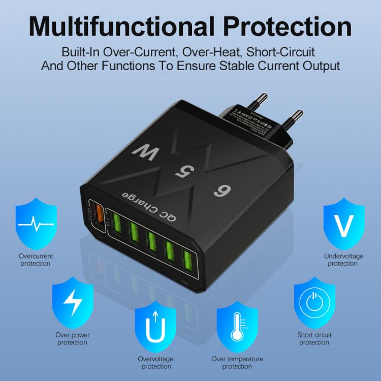 65W 6USBポート QC3.0 急速充電 携帯電話充電器、EUプラグ（ブラック）、EUプラグ（ホワイト）、USプラグ（ブラック）、USプラグ（ホワイト）、UKプラグ（ブラック）、UKプラグ（ホワイト）