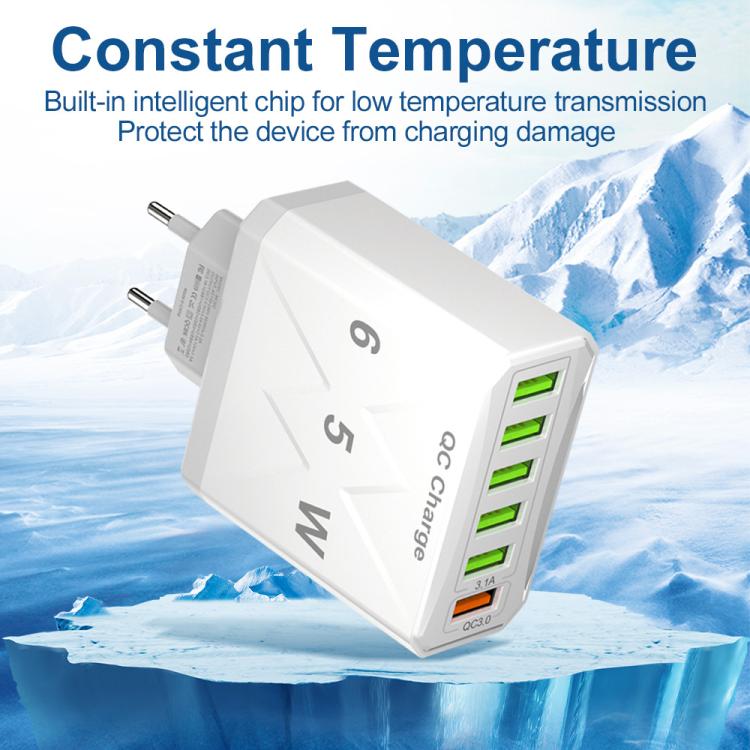 65W 6USBポート QC3.0 急速充電 携帯電話充電器、EUプラグ（ブラック）、EUプラグ（ホワイト）、USプラグ（ブラック）、USプラグ（ホワイト）、UKプラグ（ブラック）、UKプラグ（ホワイト）