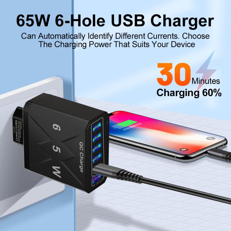 65W 6USBポート QC3.0 急速充電 携帯電話充電器、EUプラグ（ブラック）、EUプラグ（ホワイト）、USプラグ（ブラック）、USプラグ（ホワイト）、UKプラグ（ブラック）、UKプラグ（ホワイト）