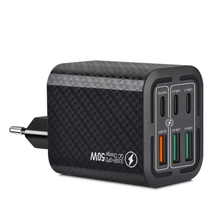 50W 3USB+3Type-C 6ポート 急速充電 携帯電話充電器、EUプラグ（ブラック）、EUプラグ（ホワイト）、EUプラグ（イエロー）、USプラグ（ブラック）、USプラグ（ホワイト）、USプラグ（イエロー）、UKプラグ（ブラック）、UKプラグ（ホワイト）、UKプラグ（イエロー）