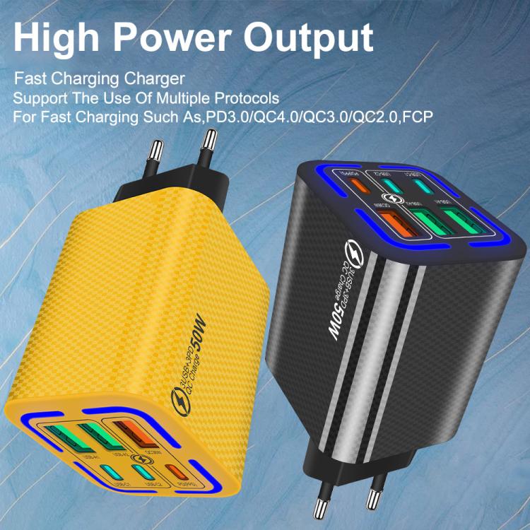 50W 3USB+3Type-C 6ポート 急速充電 携帯電話充電器、EUプラグ（ブラック）、EUプラグ（ホワイト）、EUプラグ（イエロー）、USプラグ（ブラック）、USプラグ（ホワイト）、USプラグ（イエロー）、UKプラグ（ブラック）、UKプラグ（ホワイト）、UKプラグ（イエロー）
