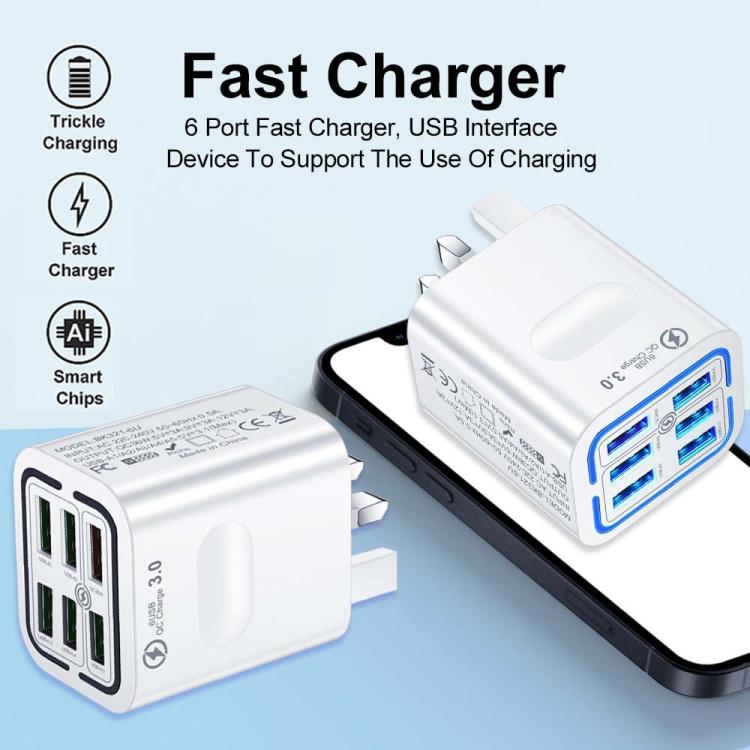 BK321 6USB マルチポート急速充電電話充電器、EUプラグ（ブラック）、EUプラグ（ホワイト）、EUプラグ（イエロー）、USプラグ（ブラック）、USプラグ（ホワイト）、USプラグ（イエロー）、UKプラグ（ブラック）、UKプラグ（ホワイト）、UKプラグ（イエロー）
