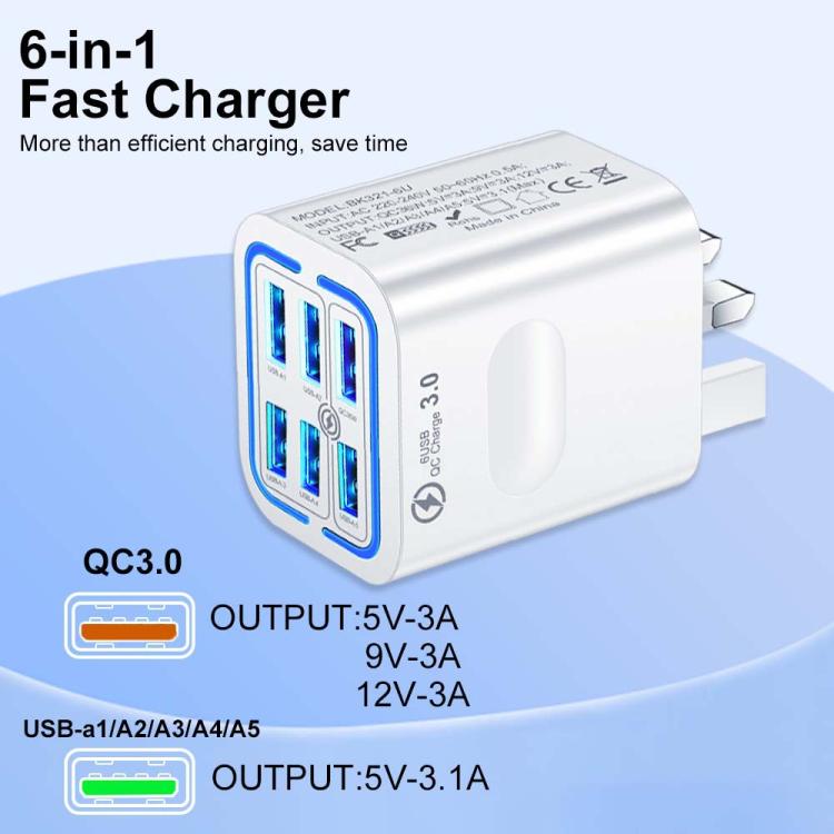 BK321 6USB マルチポート急速充電電話充電器、EUプラグ（ブラック）、EUプラグ（ホワイト）、EUプラグ（イエロー）、USプラグ（ブラック）、USプラグ（ホワイト）、USプラグ（イエロー）、UKプラグ（ブラック）、UKプラグ（ホワイト）、UKプラグ（イエロー）