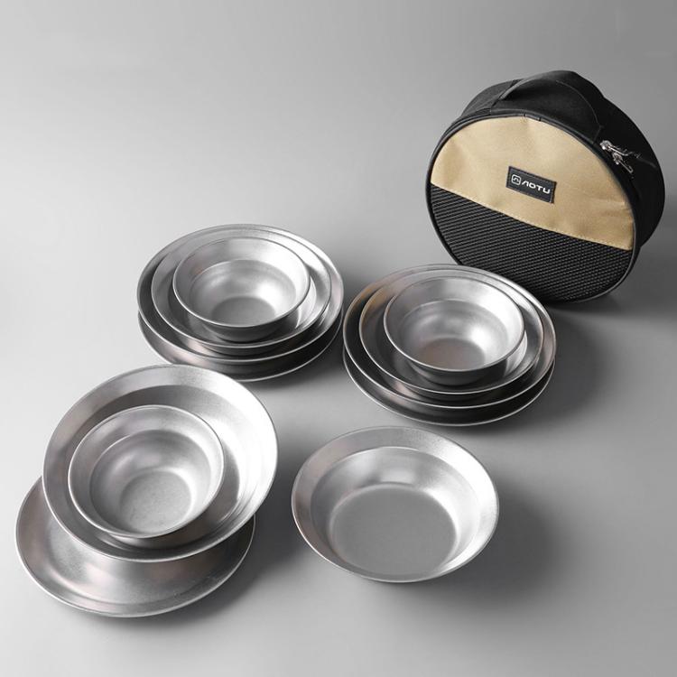 アウトドアステンレス製ディナープレートセット キャンプ用ポータブルBBQプレート 収納バッグ付き AOTU AT6438-1 4個セット、8個セット、12個セット、16個セット