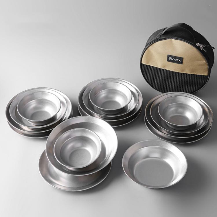 アウトドアステンレス製ディナープレートセット キャンプ用ポータブルBBQプレート 収納バッグ付き AOTU AT6438-1 4個セット、8個セット、12個セット、16個セット