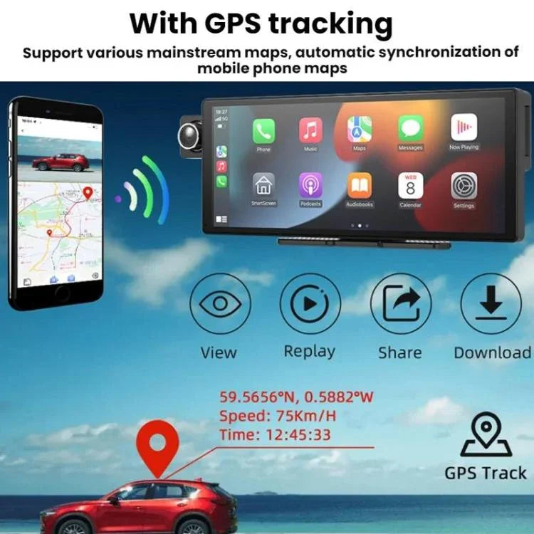 音声操作CarPlay 分割画面デュアルカメラドライブレコーダー、フロントカメラ＋車内ビュー、リアビューカメラ付き