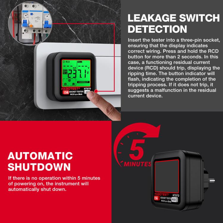 HABOTEST デジタル表示インテリジェント電気テストソケット、HT97B 米国プラグ、HT97D 欧州プラグ、HT97E 英国プラグ
