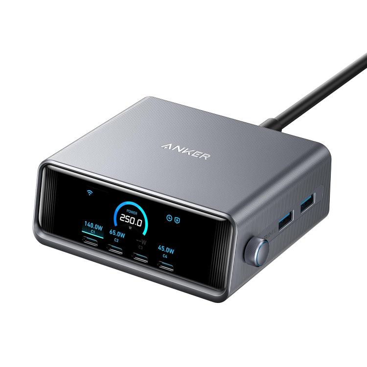 ANKER Prime ガリウムナイトライド 250W 急速充電器 4 Type-C+2 USB 6ポート デスクトップスマートディスプレイ充電ステーション、USプラグ、A2345