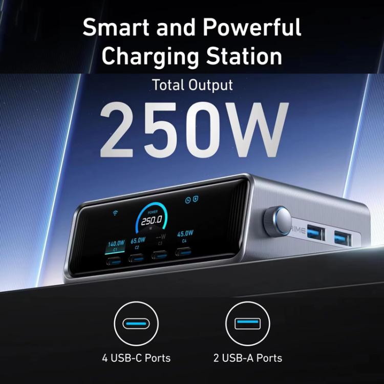 ANKER Prime ガリウムナイトライド 250W 急速充電器 4 Type-C+2 USB 6ポート デスクトップスマートディスプレイ充電ステーション、USプラグ、A2345