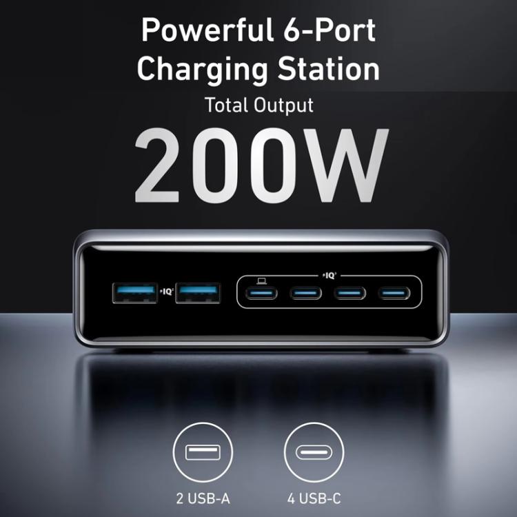 Prime 200W ガリウムナイトライド デスクトップ充電器 4 Type-C+2 USB 6ポート充電スタンド、USプラグ、A2683