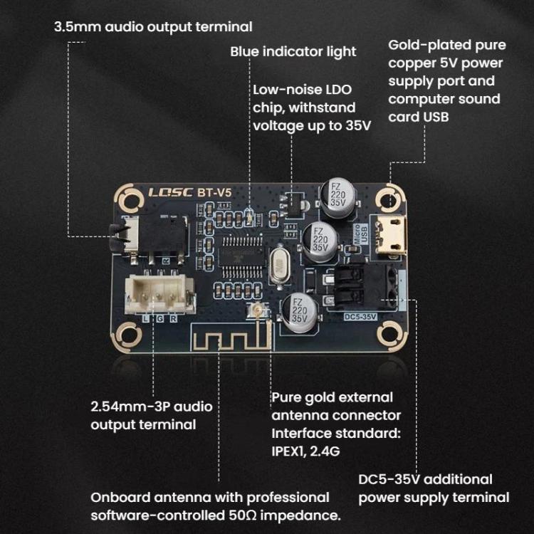 MP3 Bluetooth 5.1 デコードボード DIY改造ロスレスカーオーディオ受信モジュール、LQSC BT-V5