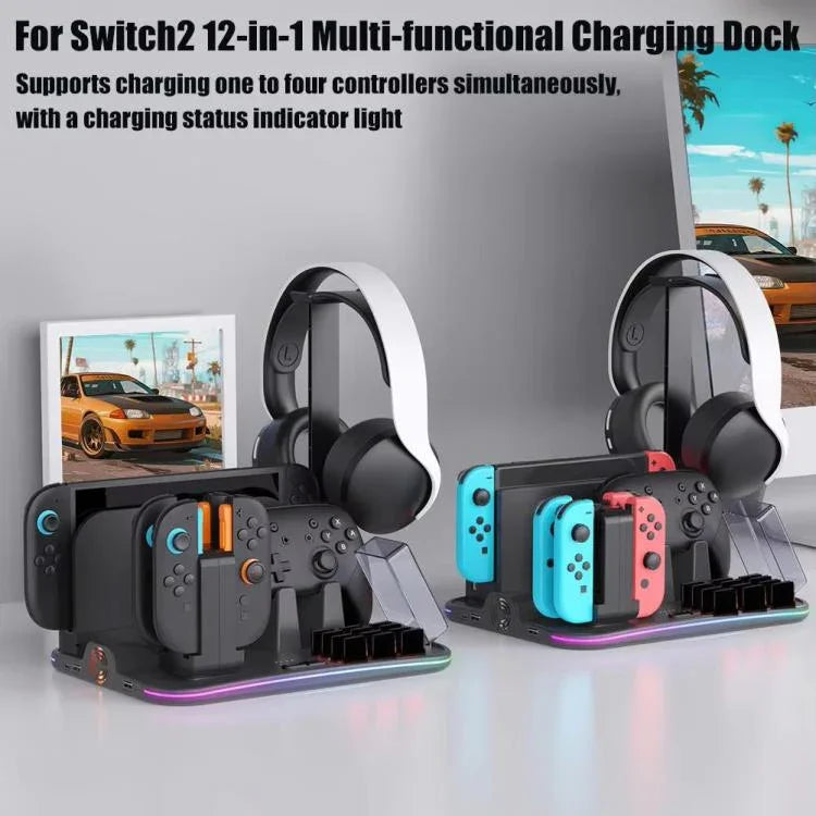 ipega 12-in-1 多機能充電ドック Nintendo Switch 2 / Switch Joy-Con 充電、Proコントローラードック、冷却ファン、ゲーム＆ヘッドセット収納オーガナイザー、12-in-1