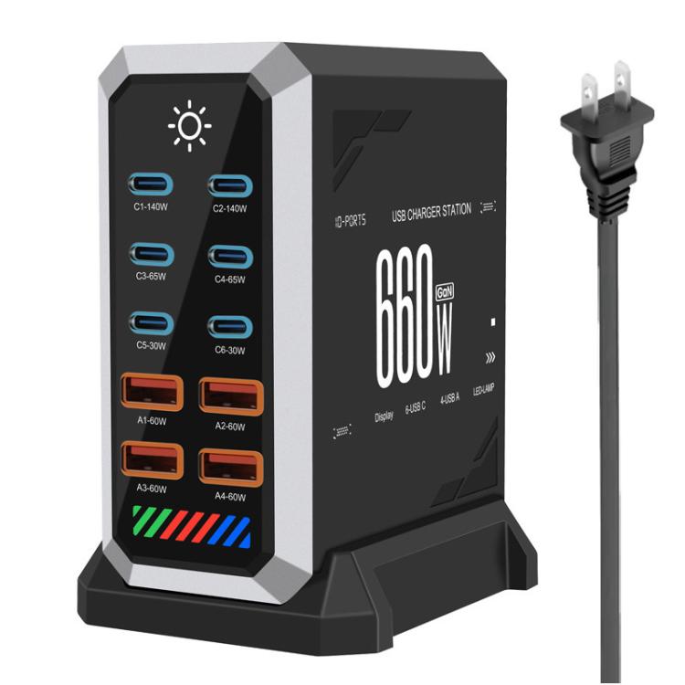 6 Type-C+4 USB マルチポート 660W 高出力 ガリウムナイトライド デスクトップ充電器、USプラグ、UKプラグ、EUプラグ、AUプラグ