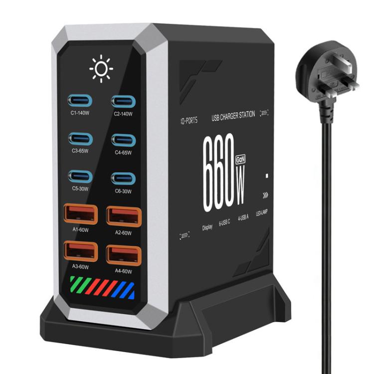 6 Type-C+4 USB マルチポート 660W 高出力 ガリウムナイトライド デスクトップ充電器、USプラグ、UKプラグ、EUプラグ、AUプラグ
