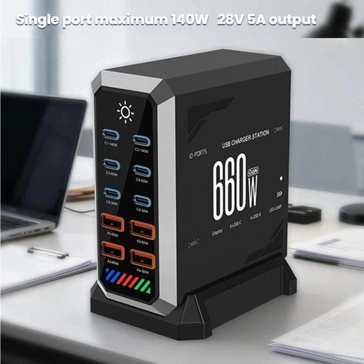 6 Type-C+4 USB マルチポート 660W 高出力 ガリウムナイトライド デスクトップ充電器、USプラグ、UKプラグ、EUプラグ、AUプラグ