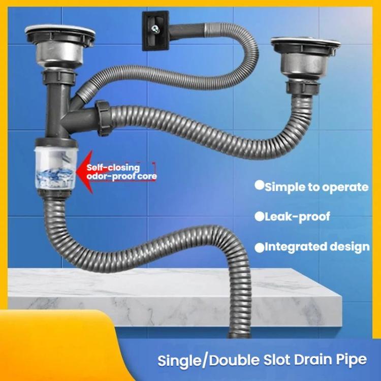 キッチンステンレス製洗面器下水管継手 防臭下水管排水セット ダブルスロット0.6mテールパイプ、ダブルスロットS字管、ダブルスロット1mテールパイプ
