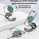 15W 3イン1 磁気ワイヤレス充電器 LEDカラフルライト付き 回転式デスクトップ充電スタンド
