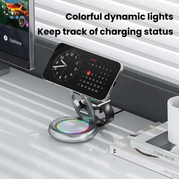 15W 3イン1 磁気ワイヤレス充電器 LEDカラフルライト付き 回転式デスクトップ充電スタンド