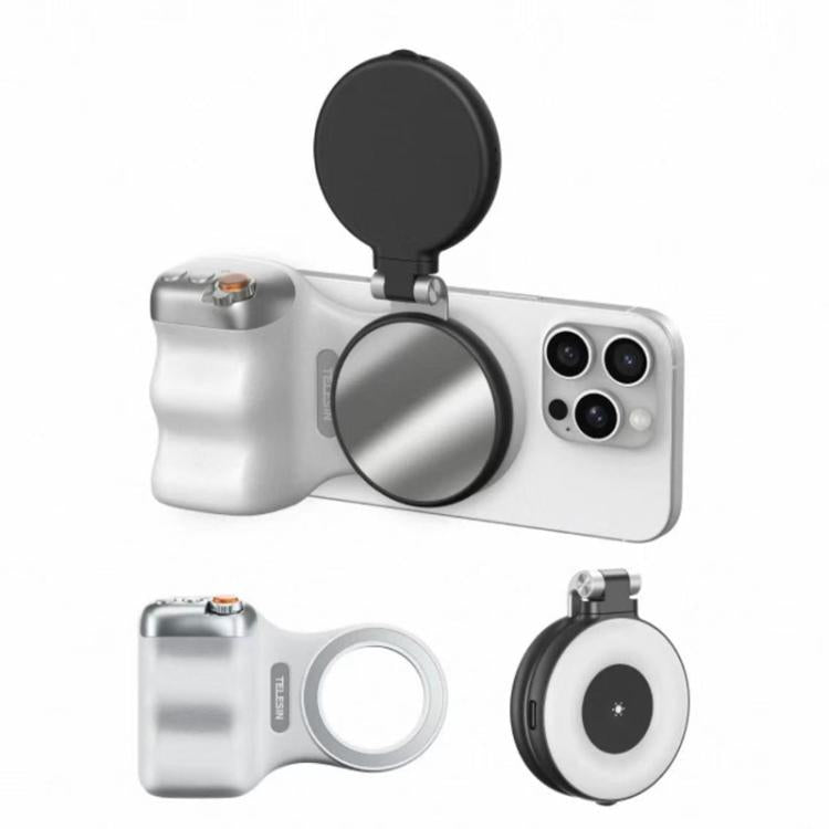 TELESIN 磁気スマホマウント補助撮影ハンドル リモコンアシスタント、ホワイトカメラグリップ＋シルバー補助光、ホワイトカメラグリップ＋三脚＋シルバー補助光、ホワイトカメラグリップ＋ホワイト補助光、ホワイトカメラグリップ＋三脚＋ホワイト補助光