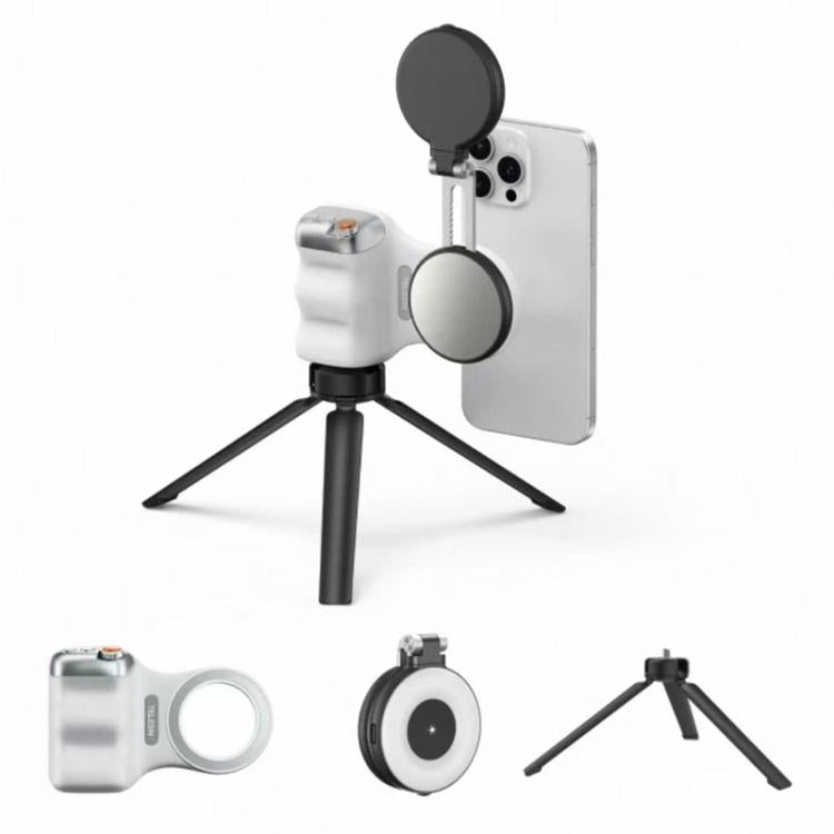 TELESIN 磁気スマホマウント補助撮影ハンドル リモコンアシスタント、ホワイトカメラグリップ＋シルバー補助光、ホワイトカメラグリップ＋三脚＋シルバー補助光、ホワイトカメラグリップ＋ホワイト補助光、ホワイトカメラグリップ＋三脚＋ホワイト補助光