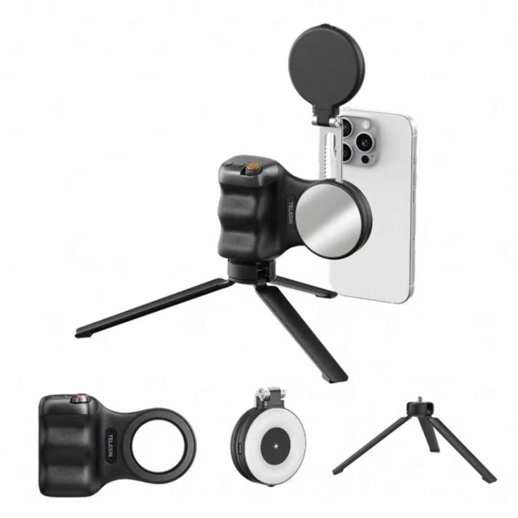 TELESIN 磁気スマホマウント補助撮影ハンドル リモコンアシスタント、ホワイトカメラグリップ＋シルバー補助光、ホワイトカメラグリップ＋三脚＋シルバー補助光、ホワイトカメラグリップ＋ホワイト補助光、ホワイトカメラグリップ＋三脚＋ホワイト補助光