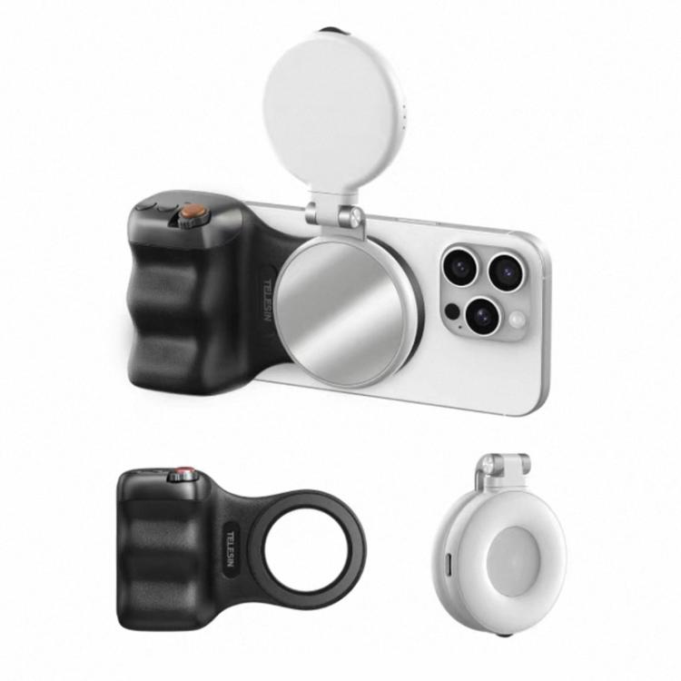 TELESIN 磁気スマホマウント補助撮影ハンドル リモコンアシスタント、ホワイトカメラグリップ＋シルバー補助光、ホワイトカメラグリップ＋三脚＋シルバー補助光、ホワイトカメラグリップ＋ホワイト補助光、ホワイトカメラグリップ＋三脚＋ホワイト補助光