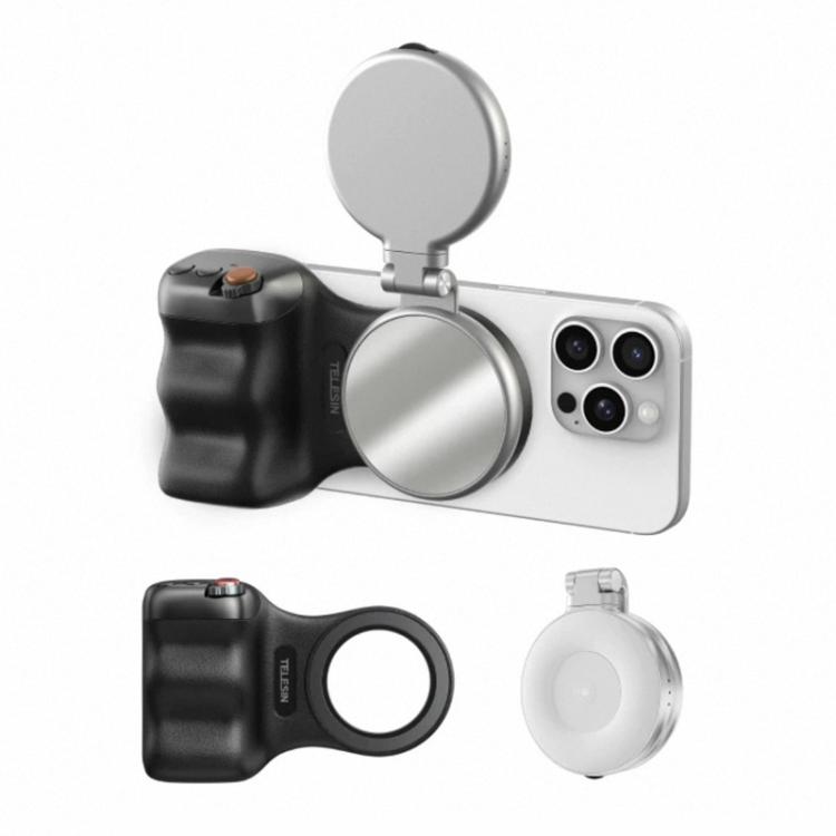 TELESIN 磁気スマホマウント補助撮影ハンドル リモコンアシスタント、ホワイトカメラグリップ＋シルバー補助光、ホワイトカメラグリップ＋三脚＋シルバー補助光、ホワイトカメラグリップ＋ホワイト補助光、ホワイトカメラグリップ＋三脚＋ホワイト補助光