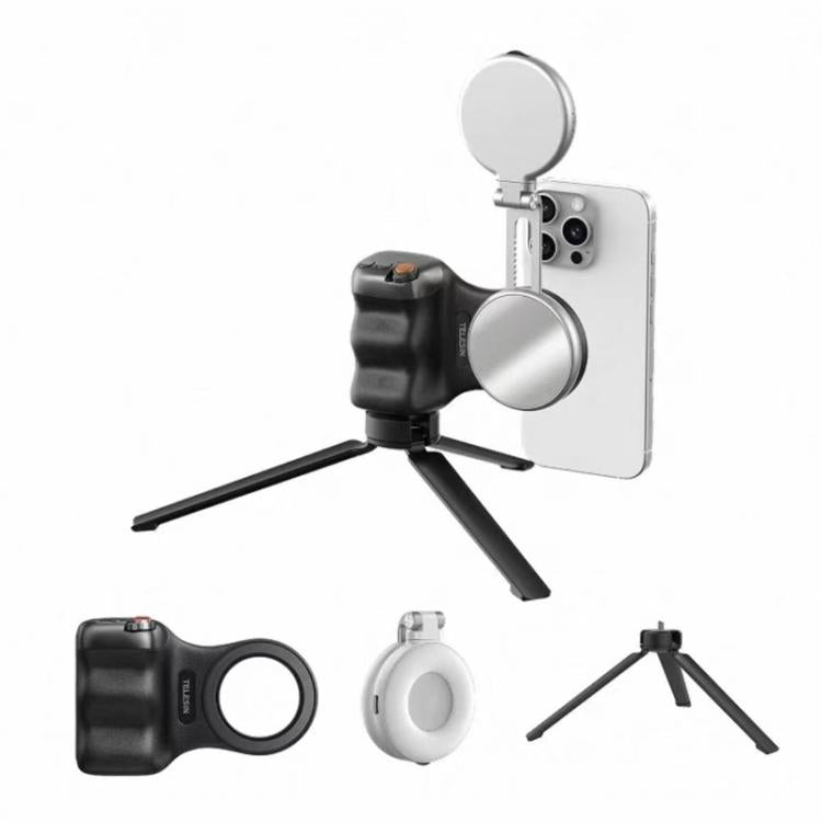 TELESIN 磁気スマホマウント補助撮影ハンドル リモコンアシスタント、ホワイトカメラグリップ＋シルバー補助光、ホワイトカメラグリップ＋三脚＋シルバー補助光、ホワイトカメラグリップ＋ホワイト補助光、ホワイトカメラグリップ＋三脚＋ホワイト補助光