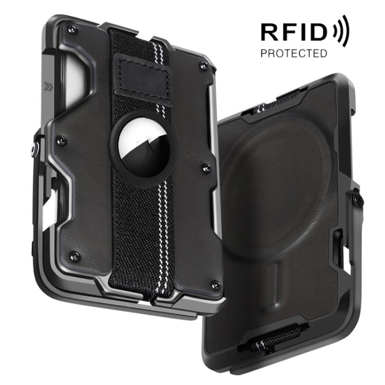 AirTag 第2世代 / AirTag 第1世代用 磁気メタルカードホルダー 電話スタンド付き、RFIDブロッキング、伸縮性リストストラップ