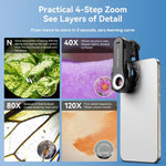 APEXEL TriScope 40X-80X-120X スマホ用顕微鏡 デュアル温度LED＆UV照明付き、APL-MS3L
