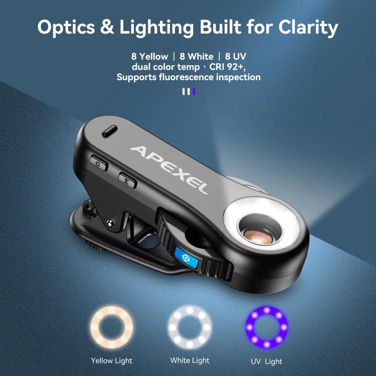 APEXEL TriScope 40X-80X-120X スマホ用顕微鏡 デュアル温度LED＆UV照明付き、APL-MS3L