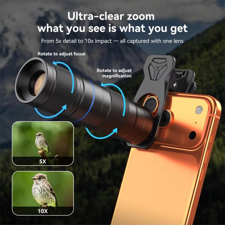 APEXEL TeleZoom 5–10X ズーム望遠レンズキット スマートフォン用 オールインワンユニバーサルクリップ付き、APL-T5-10X