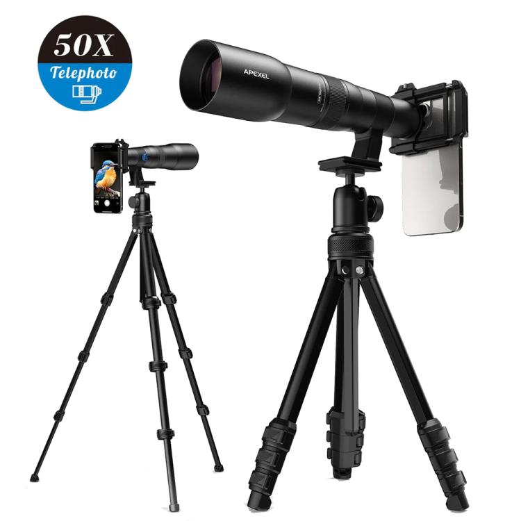 APEXEL TeleCular 50x 望遠レンズキット スマートフォン用 360度ボールヘッド三脚＆内蔵フォーカス付き、APL-T50X