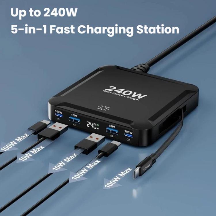 240W スマート急速充電器 磁気USB伸縮ケーブル＆マルチポート収納付き、EUプラグ、USプラグ、UKプラグ、AUプラグ、KRプラグ