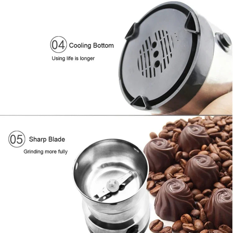 多機能EUプラグコーヒーグラインダー ステンレス電動 ハーブ／スパイス／ナッツ／穀物／コーヒー豆粉砕用、コーヒーグラインダー、EUプラグ