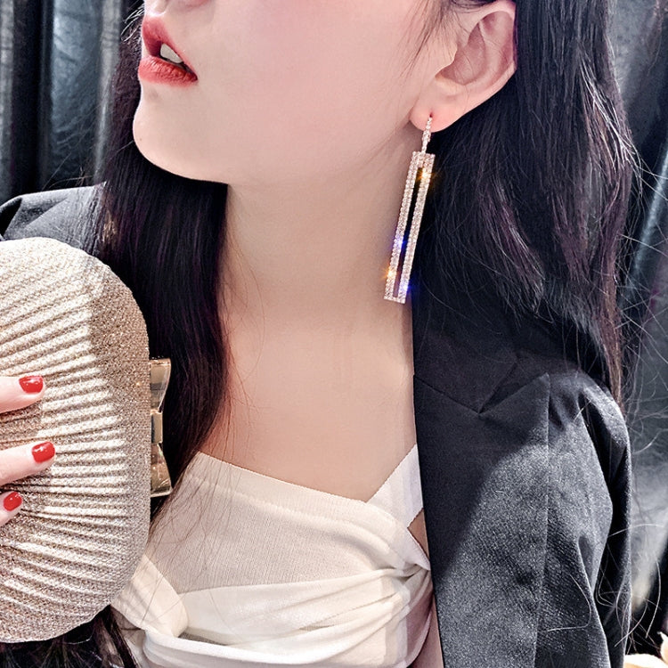 ファッション ロングジオメトリックドロップイヤリング 高級 ゴールド シルバーカラー 長方形 ラインストーンイヤリング ブルー、ゴールド、ローズゴールド、シルバー