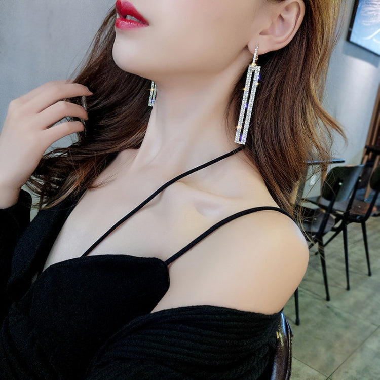 ファッション ロングジオメトリックドロップイヤリング 高級 ゴールド シルバーカラー 長方形 ラインストーンイヤリング ブルー、ゴールド、ローズゴールド、シルバー