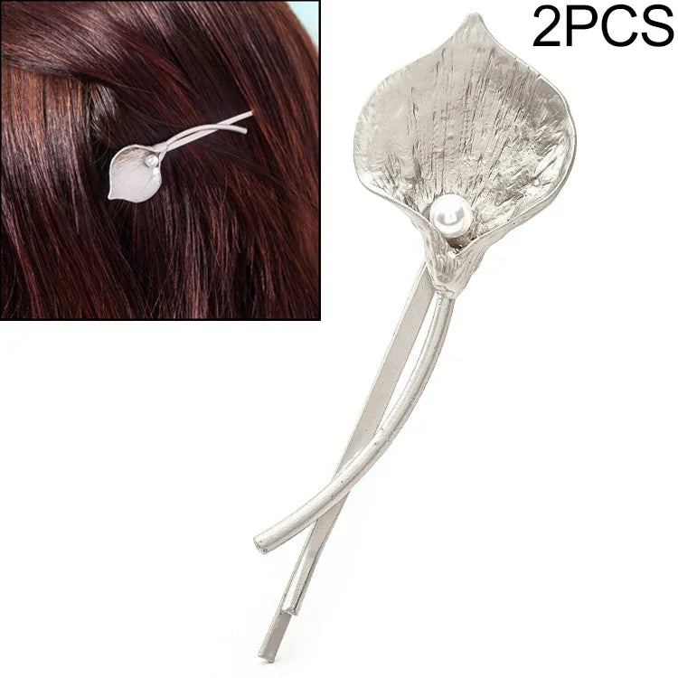 2個セット ファッション ウェディング ヘアジュエリー フラワーバレッタ ソリッドメタルリーフ パールヘアピン
